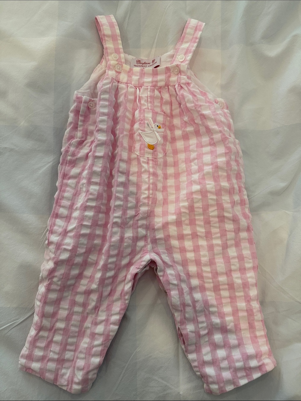 Trotters Pink Gingham Baby Overalls with Duck Embroidery